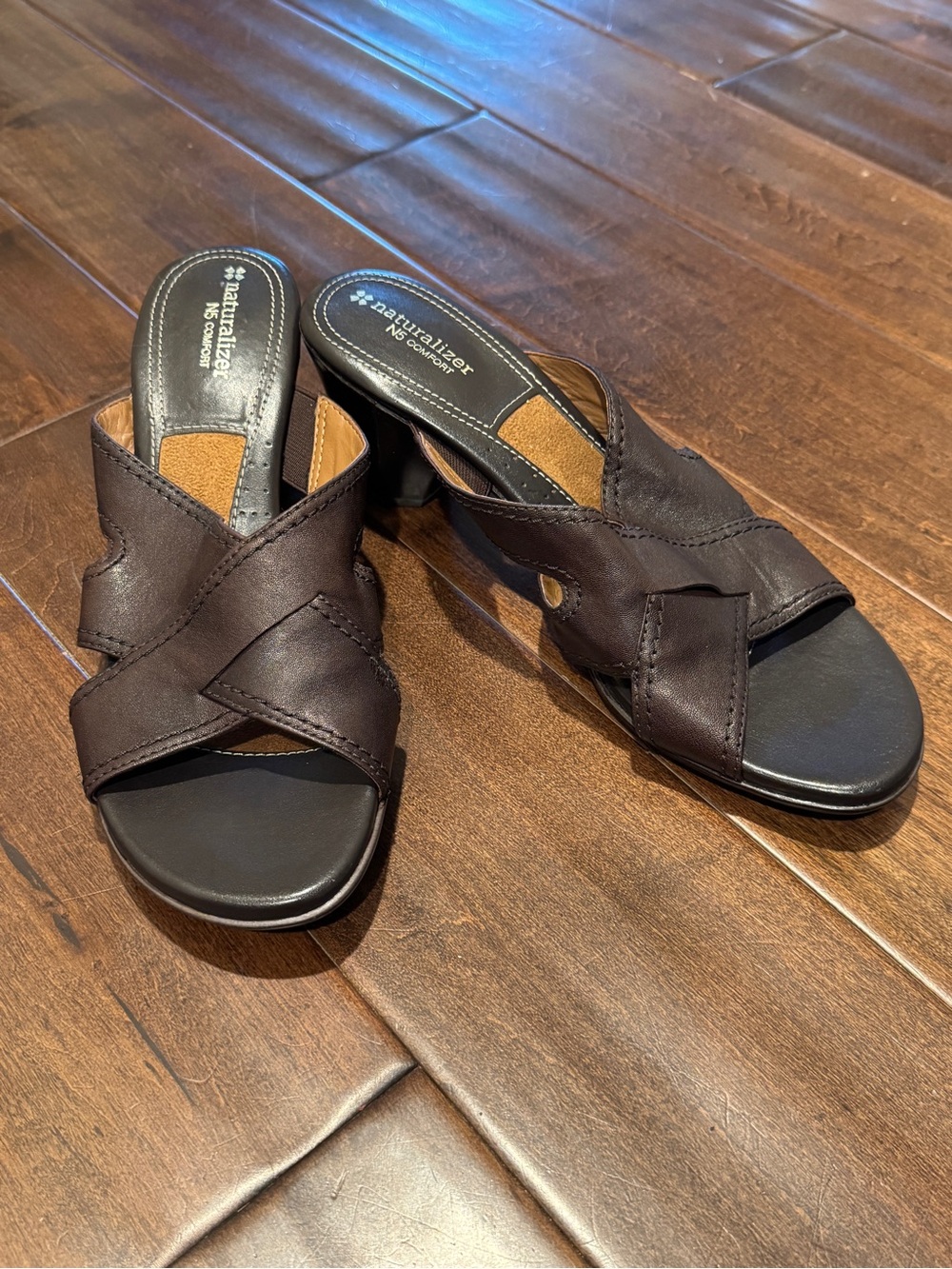 Naturalizer Dark Brown Leather Upper Crisscross Slide Sandals - Picture 1 of 9